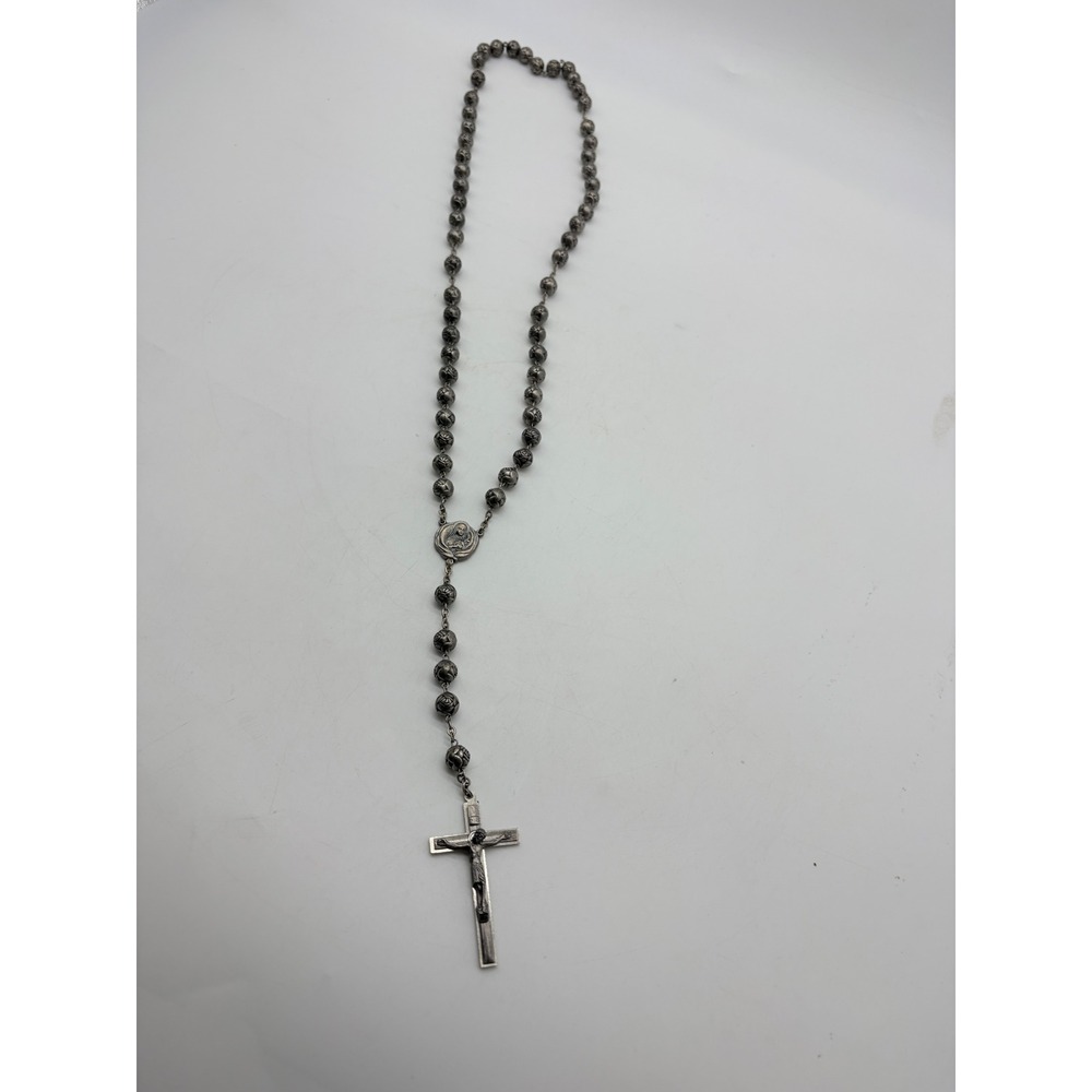 Vintage Italian Silver Tone Rose Bead Rosary Roma Italy Crucifix J747